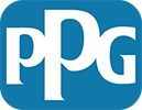 A blue and white logo for a company called ppg.