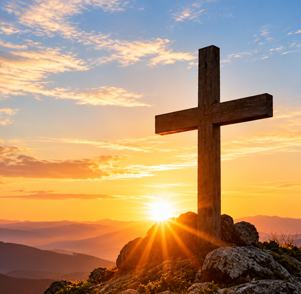 Rainbow-reflective cross on a church altar