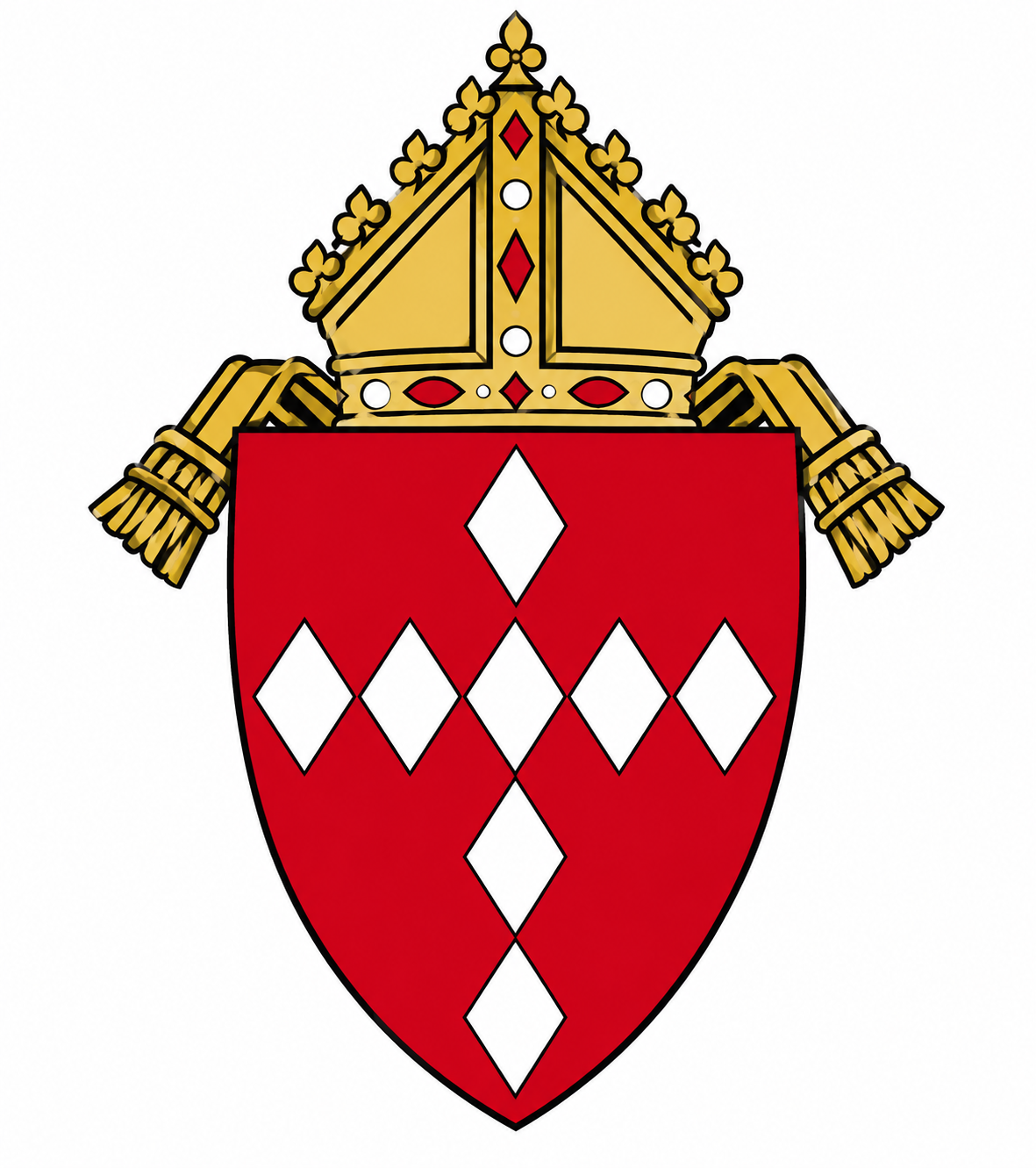 A priest behind a gold monstrance on an altar in a church, with red and white walls.