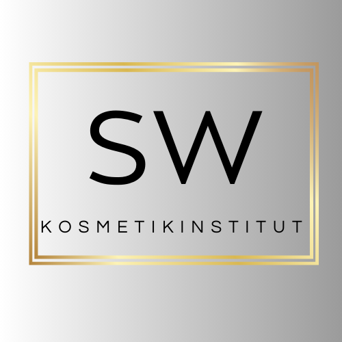 Ein Logo für das SW Kosmetikinstitut mit einem goldenen Rahmen auf grauem Hintergrund.