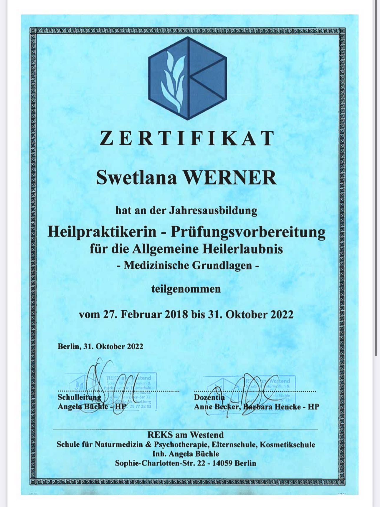 Ein blaues Zertifikat mit der Aufschrift „Zertifikat Swetlana Werner“