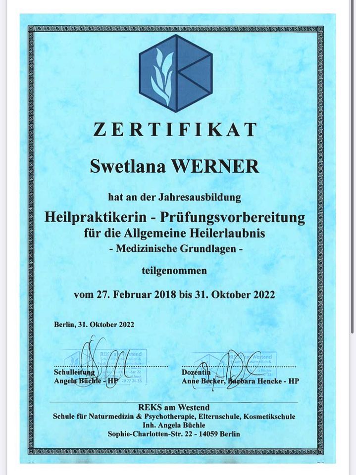 Ein blaues Zertifikat mit der Aufschrift „Zertifikat Swetlana Werner“