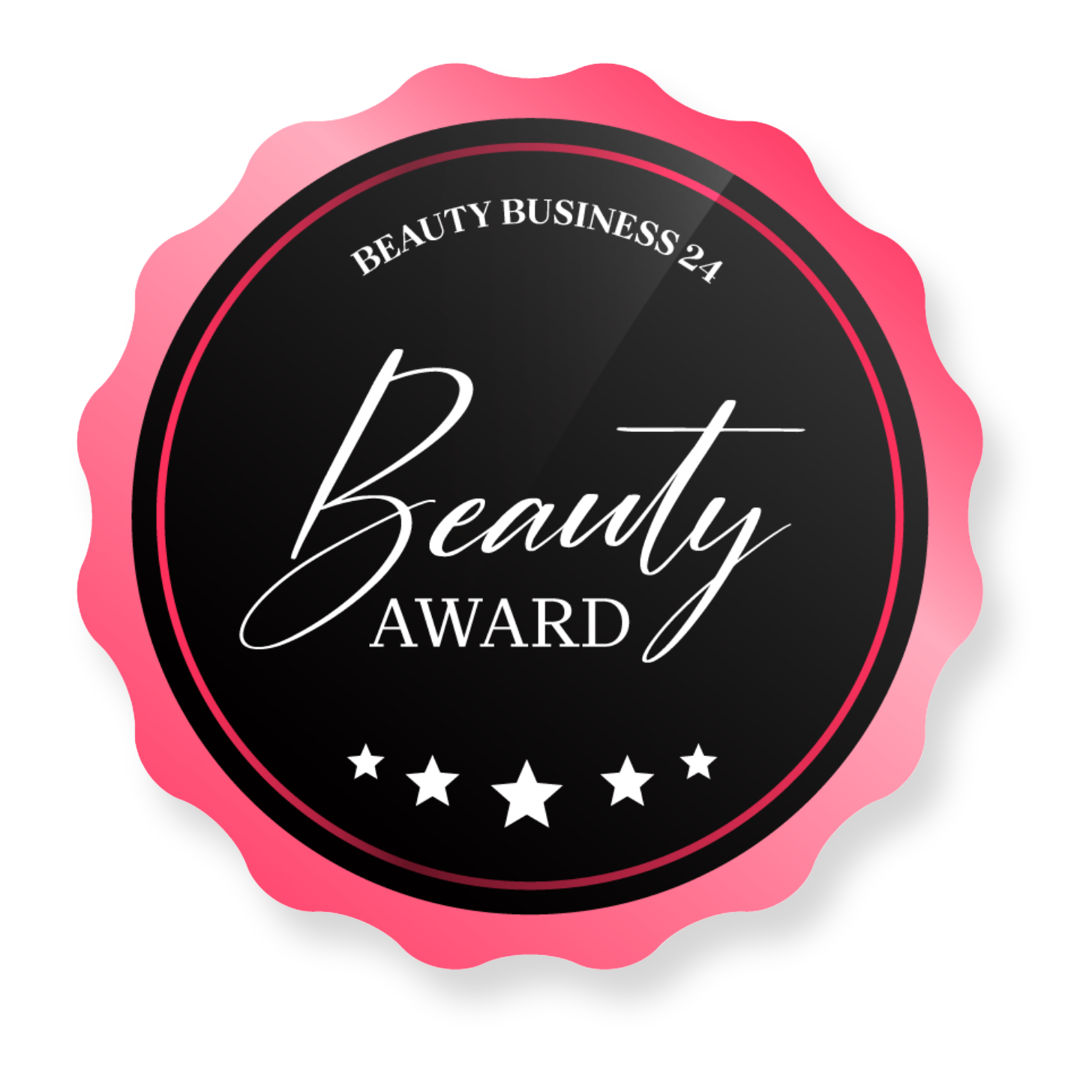 Ein rosa-schwarzer Beauty Award-Aufkleber mit fünf Sternen