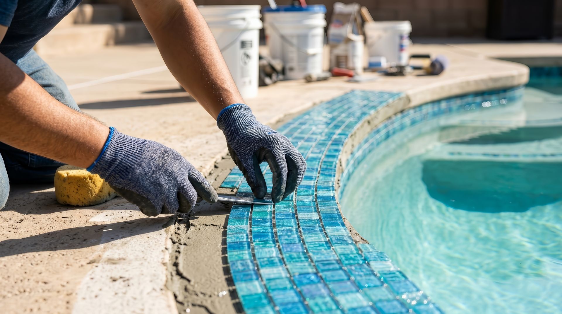 A pool remodeling worker resurfacing a tiled swimming pool.