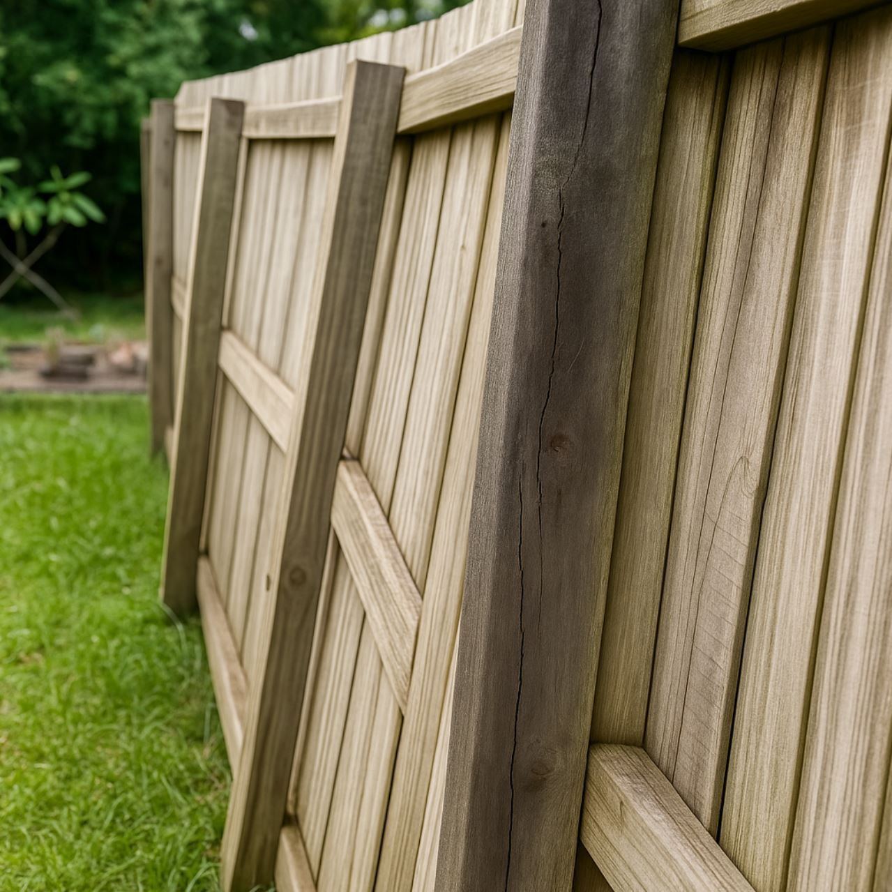 Leaning wooden fence with warped and broken fence posts in a Garden City, ID backyard, in need of repair by A1 Handyman.