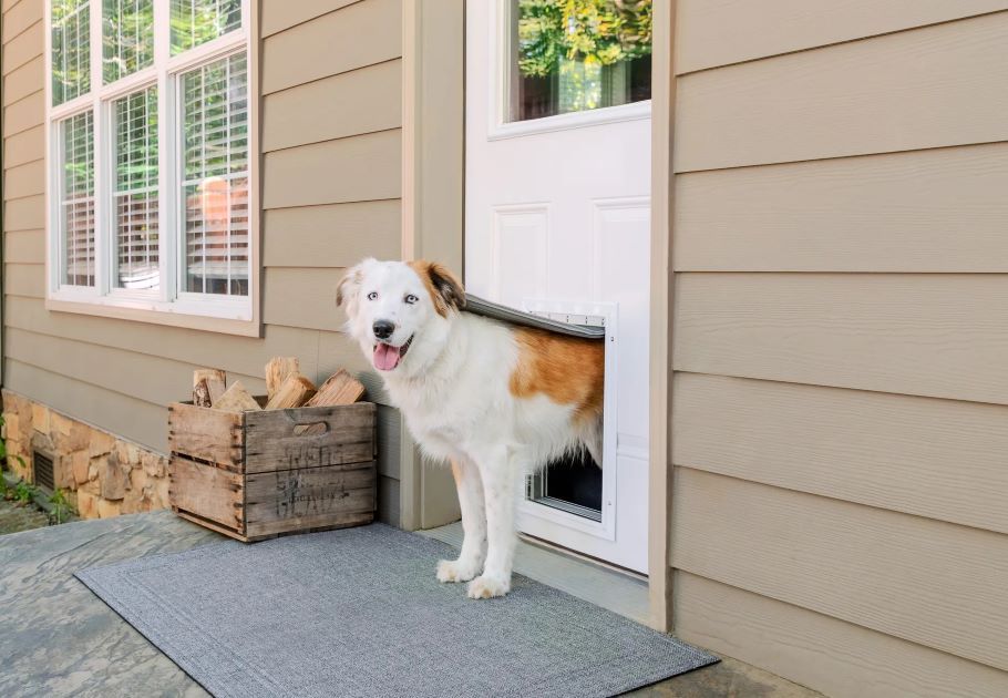 Dog using a professionally installed pet door by A1 Handyman Boise, providing easy outdoor access for pets