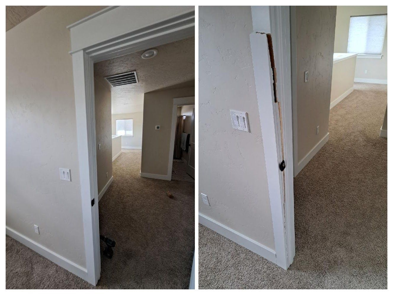 before and after photo of a interior door and trim repair in Garden City, ID by A1 Handyman
