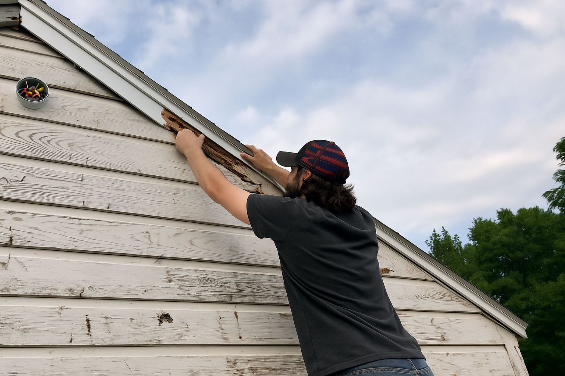 A1 Handyman technician in Garden City, ID removing rotted wood siding from a during an exterior siding repair project.