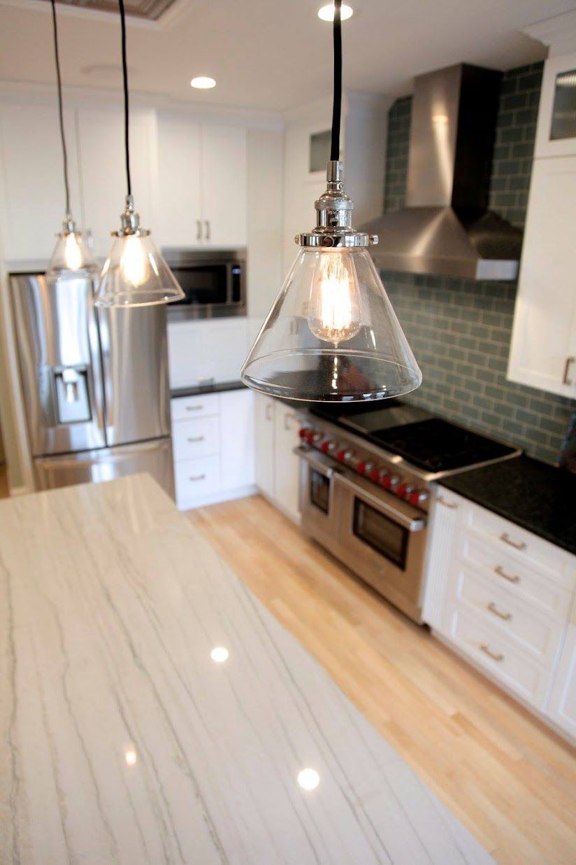 Pendant light fixture installed over a kitchen island in a Boise, Idaho home