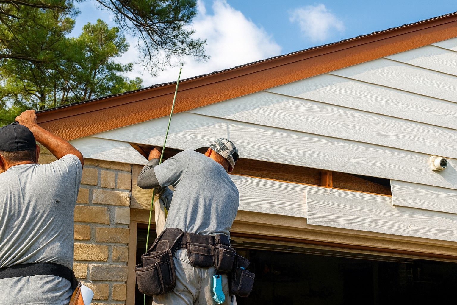 Handyman team repairing exterior house siding above a garage on a Boise, Idaho home.
