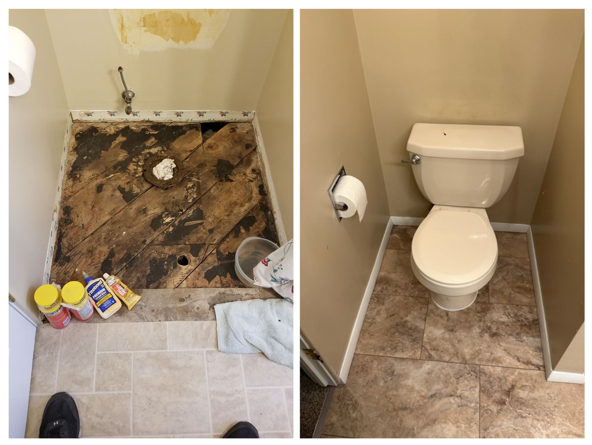Before-and-after bathroom repair showing damaged flooring around a removed toilet and a replacement toilet installed in a Boise, ID home.