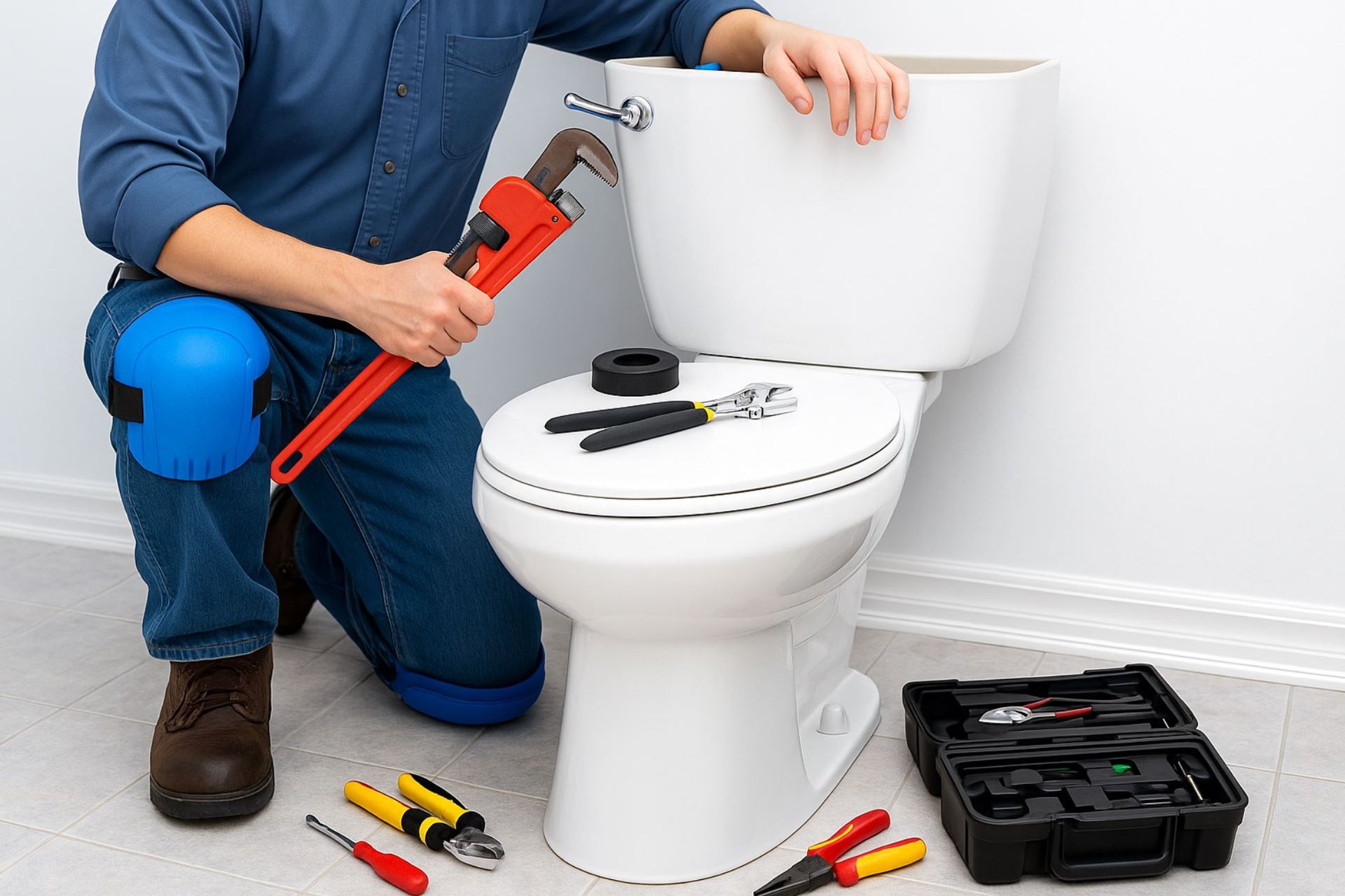A1 Handyman technician repairing and replacing a toilet in a Boise, Idaho home