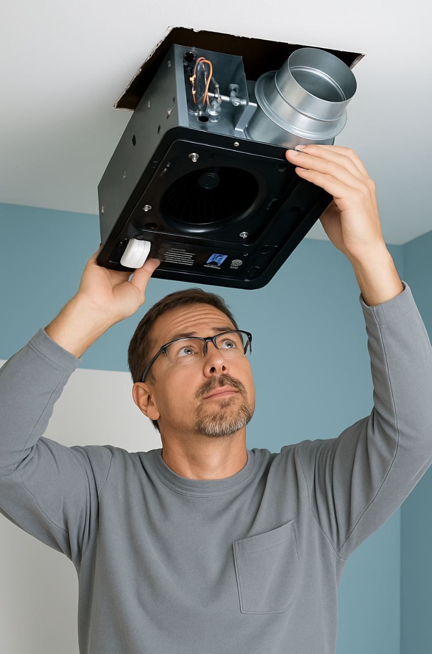 Replacing a bathroom exhaust fan in Boise, ID with a technician installing a new ceiling ventilation unit