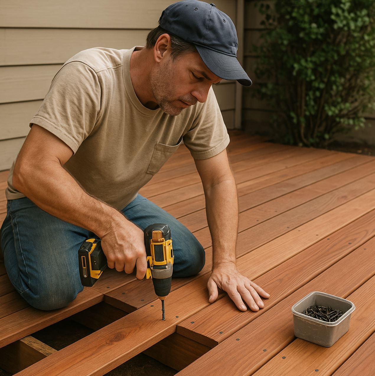 Handyman repairing damaged deck boards and railings