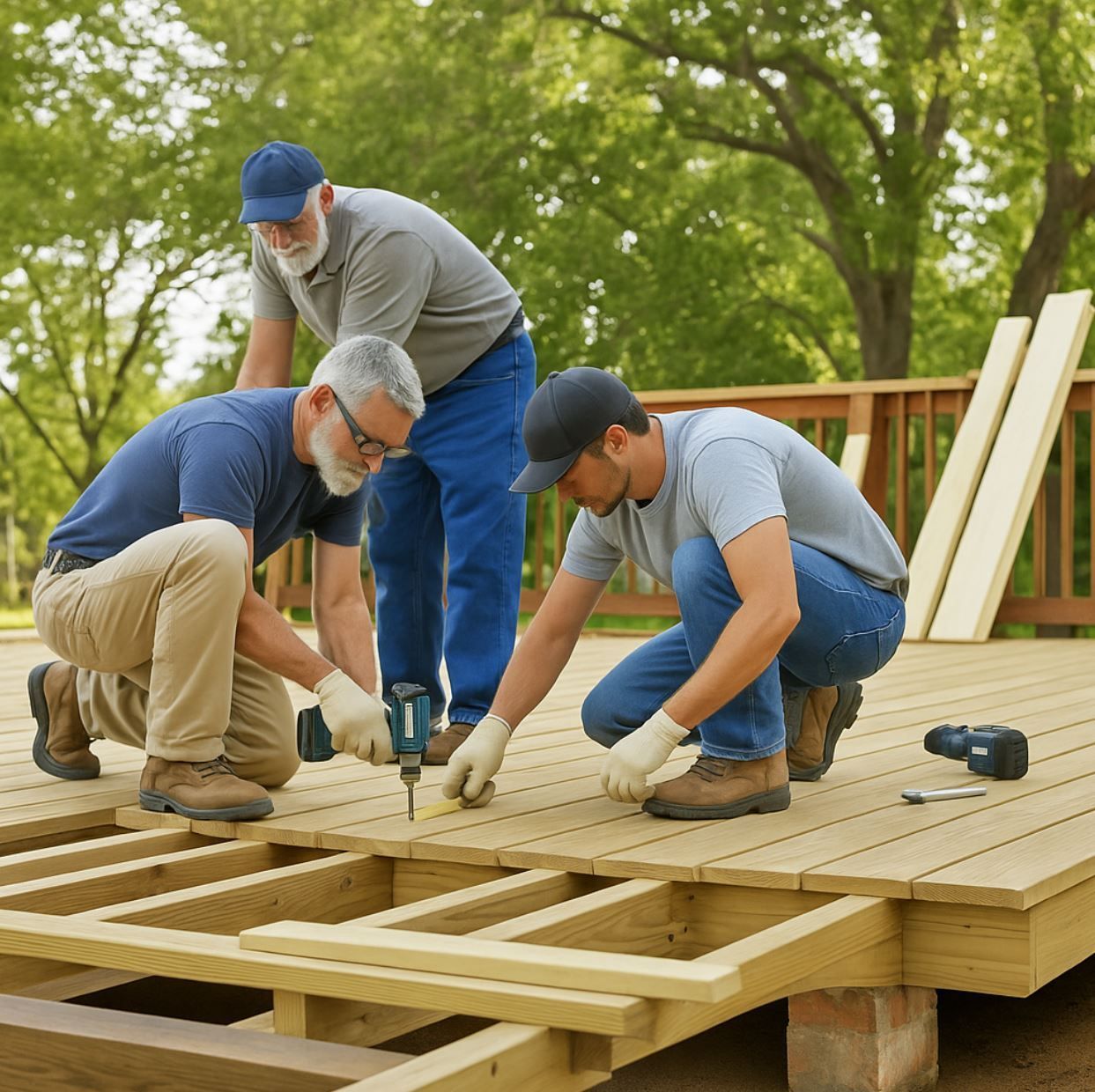 A1 Handyman team in Meridian, ID performing professional deck repair, replacing damaged boards and securing the structure 