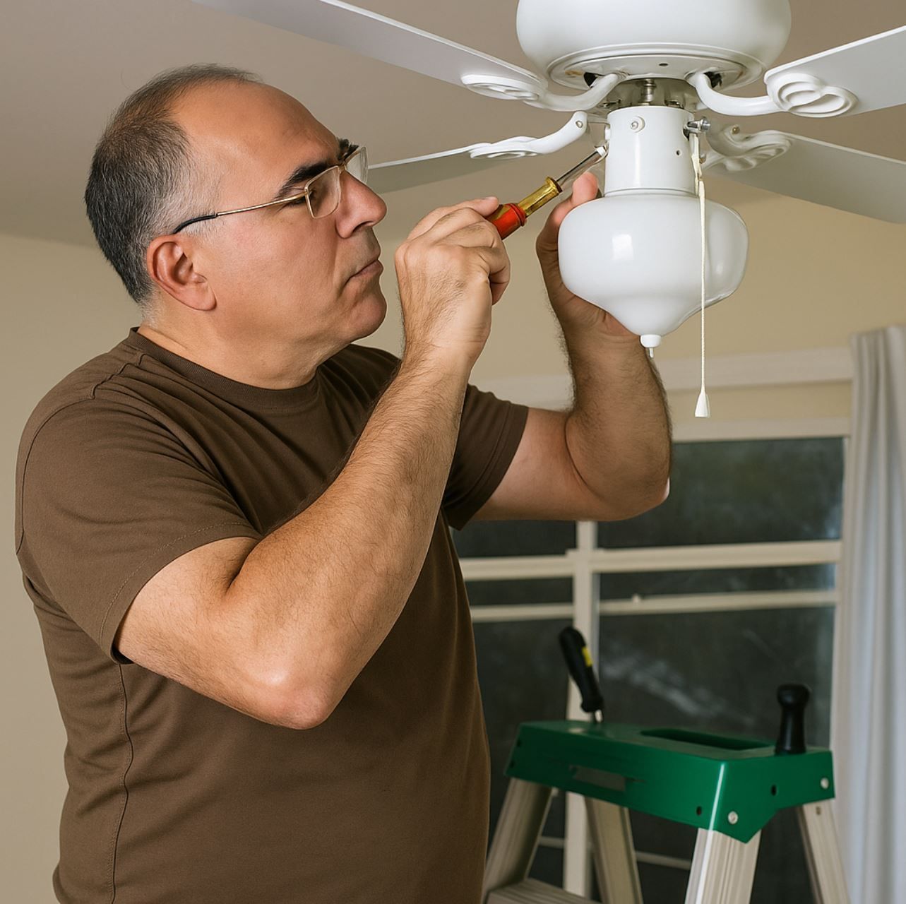 Handyman installing a ceiling fan with integrated light fixture in a Boise home