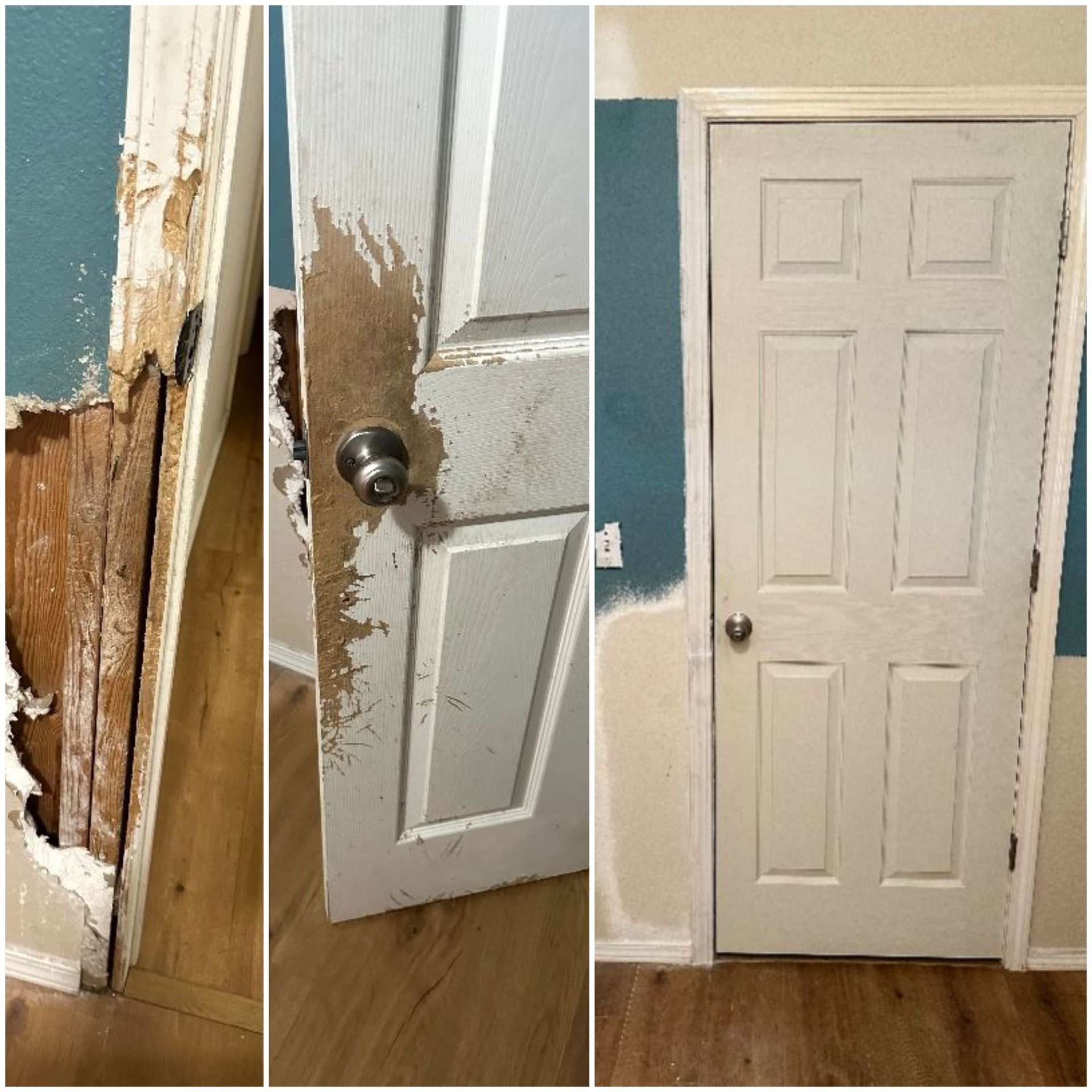 Before-and-after repair of a damaged interior door jamb, frame, and door in a Boise, ID home.