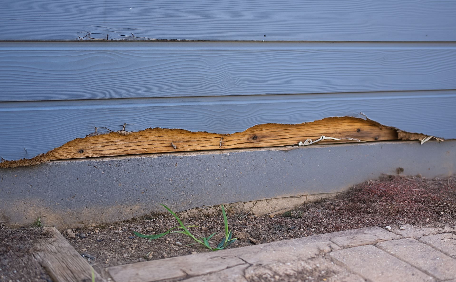 Rotted siding along the base of a Garden City, ID  home, exposing damaged wood beneath in need of repair by A1 Handyman.