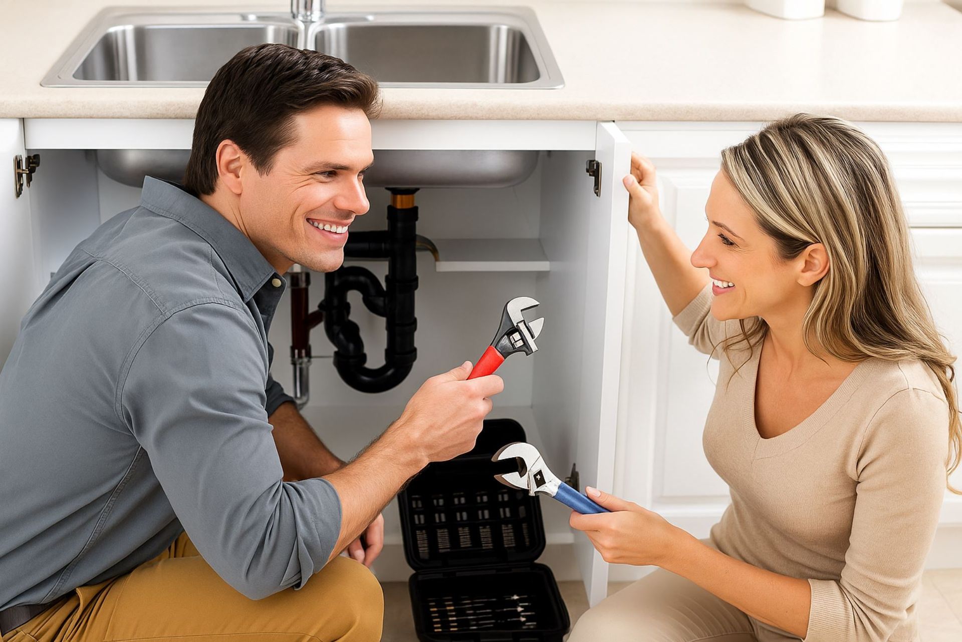 A1 Handyman technician in Boise, ID performing garbage disposal replacement and under-sink plumbing repair in a kitchen