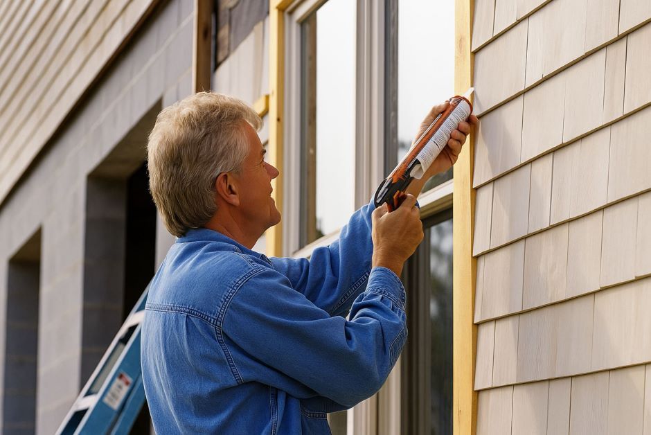 A contractor sealing exterior siding on a Boise home to prepare for winter weather.