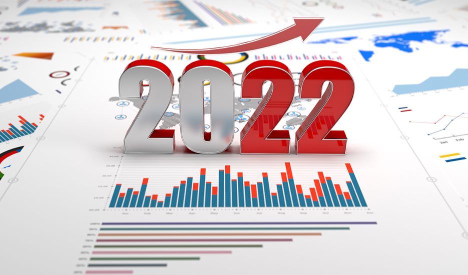 A 3d rendering of the year 2022 surrounded by graphs and charts.