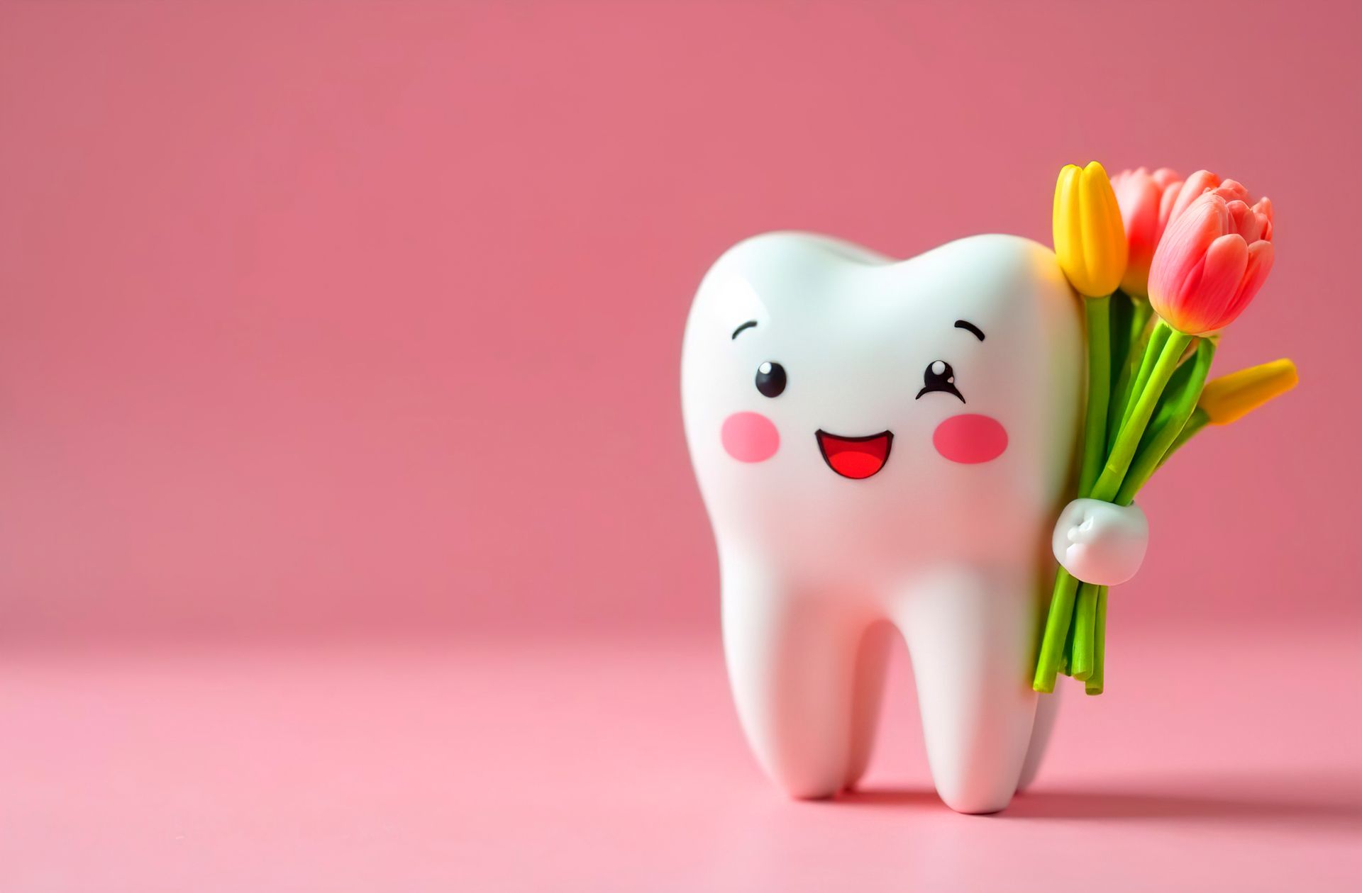 A tooth is holding a bouquet of flowers on a pink background.