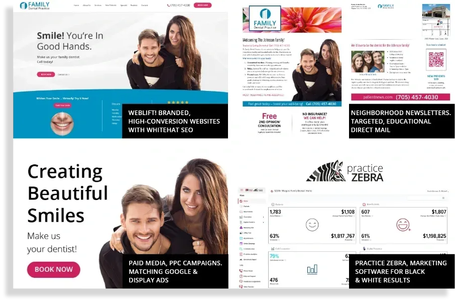 A collage of four different types of websites , newsletters , paid media , and practice zebra.