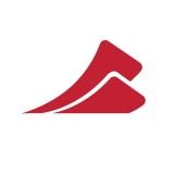 A red and white logo on a white background.