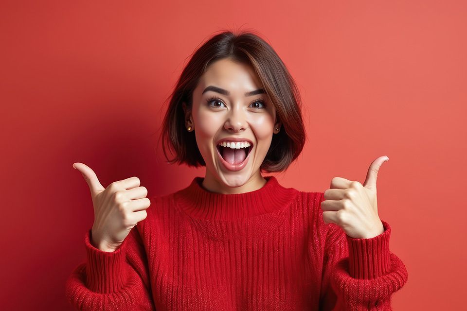 Smiling woman in a red sweater giving two thumbs up against a red background.