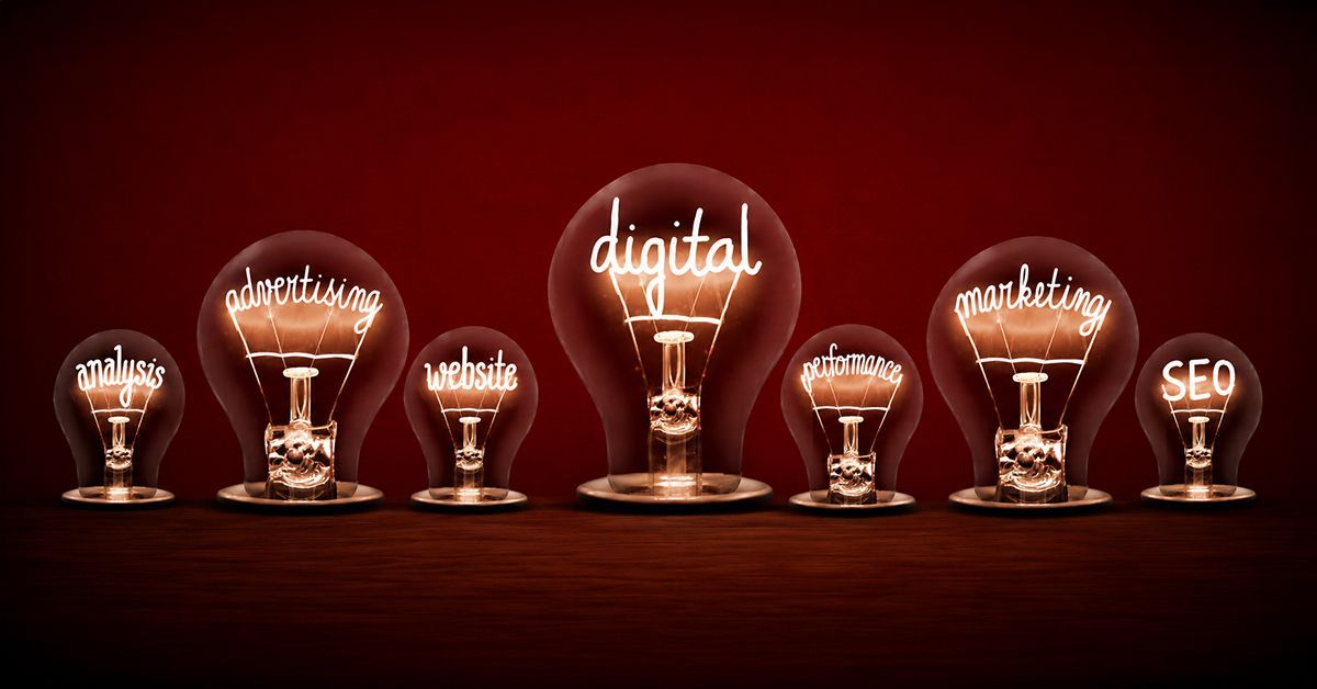 Digital marketing for dental clinics including SEO, website optimization, online advertising, analytics, and performance marketing concepts represented by illuminated light bulbs.