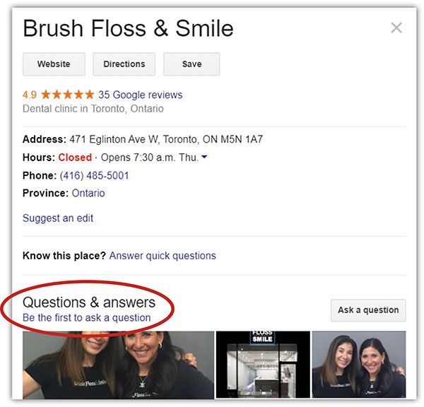 A google page for brush floss & smile dental clinic in toronto ontario