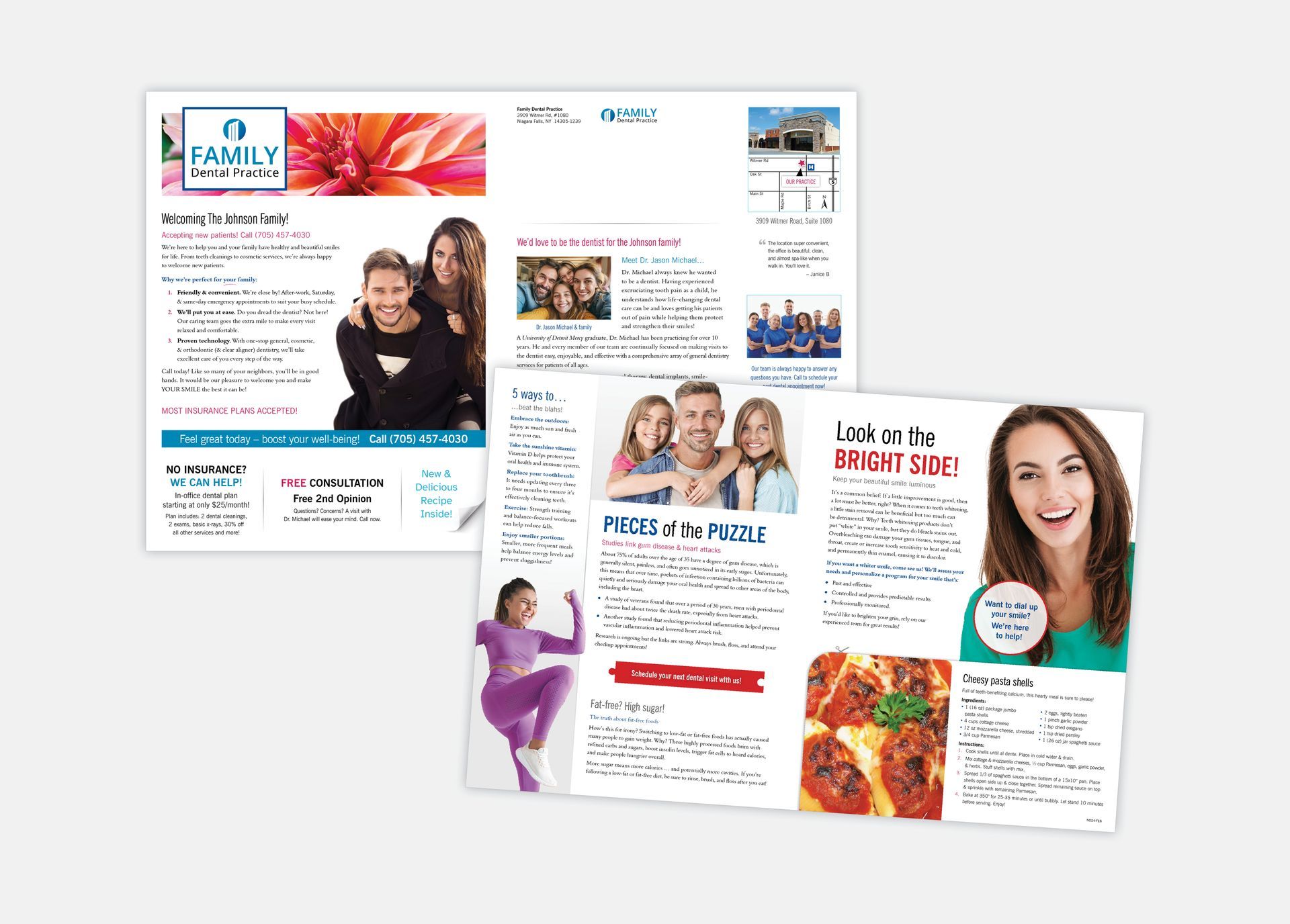 Dental practice newsletter and marketing brochure layout.