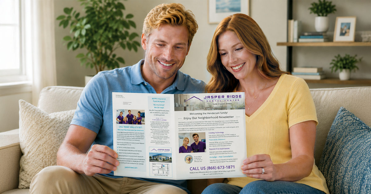 Couple reading a dental newsletter at home from a direct mail campaign for dentists.