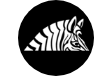A black and white zebra in a circle on a white background.