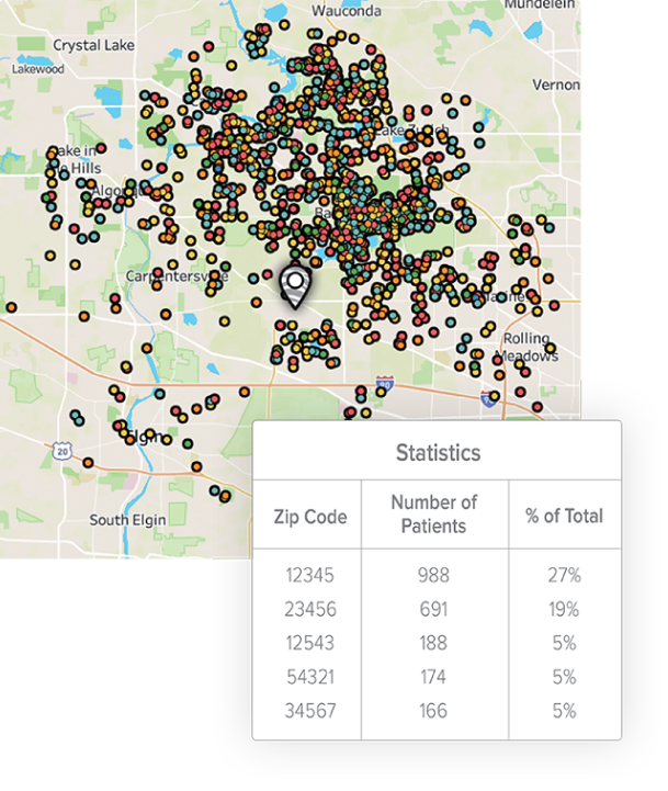 A map of a city with a table showing the number of patients