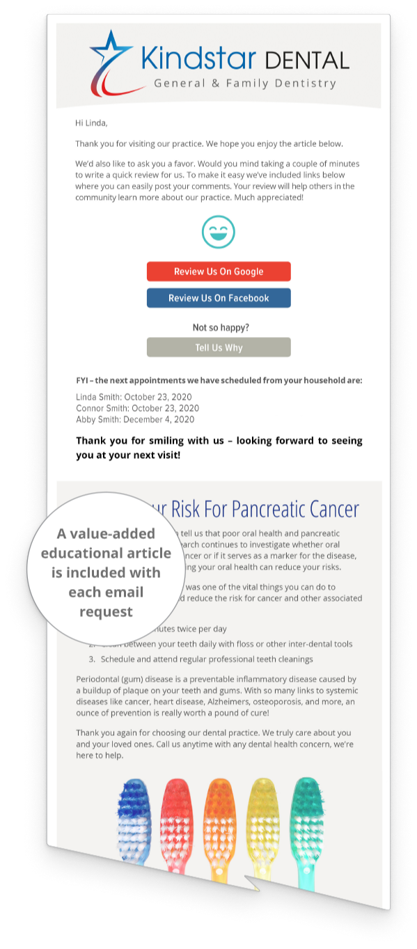 A dental email with a picture of toothbrushes on it