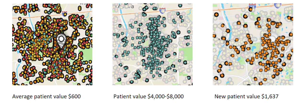 Three maps of a city showing different amounts of people
