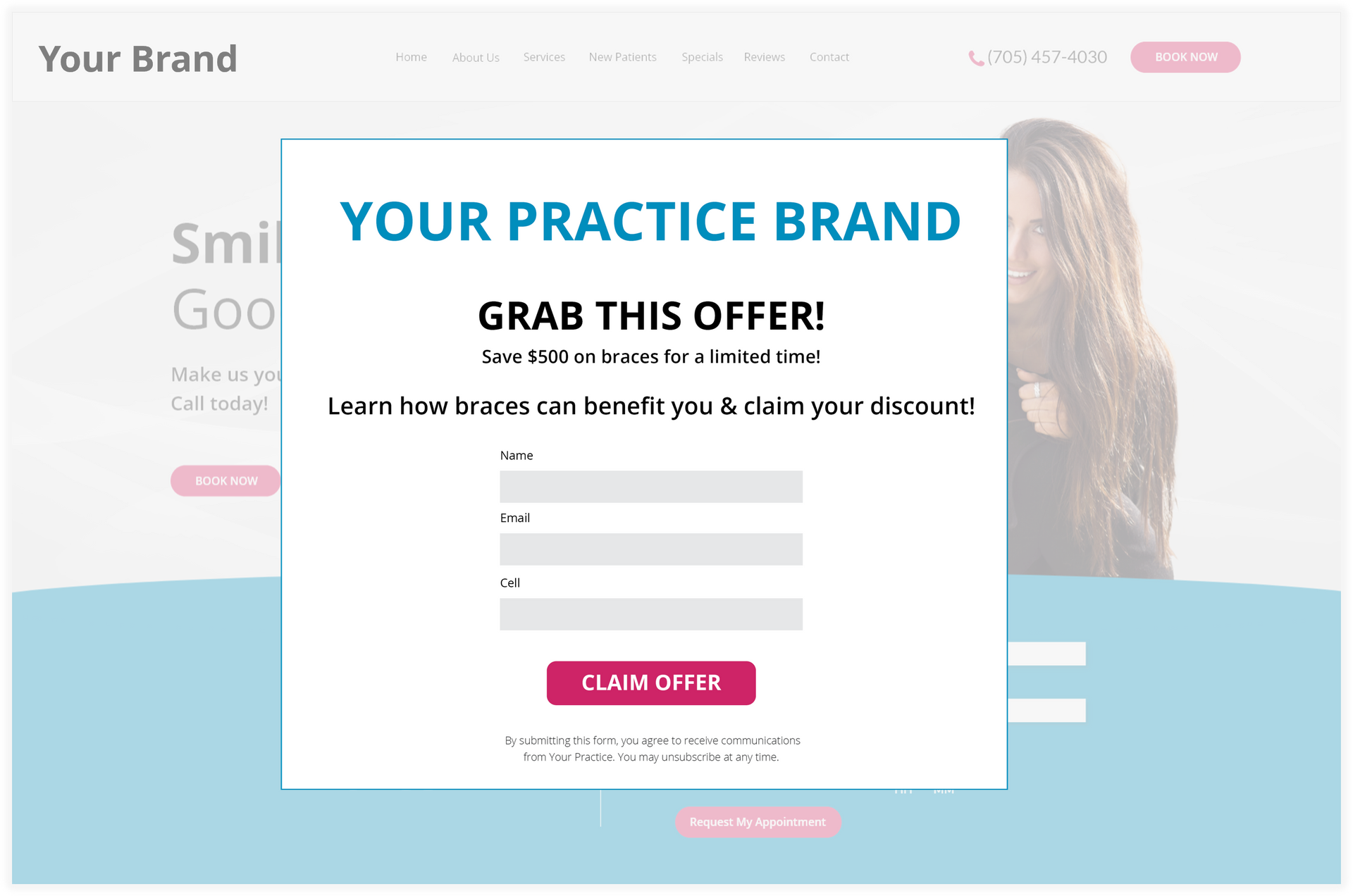 Dental website promotional offer popup.