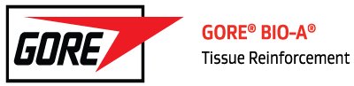 Logotipo de refuerzo tisular GORE BIO-A con flecha roja y texto negro sobre fondo blanco.