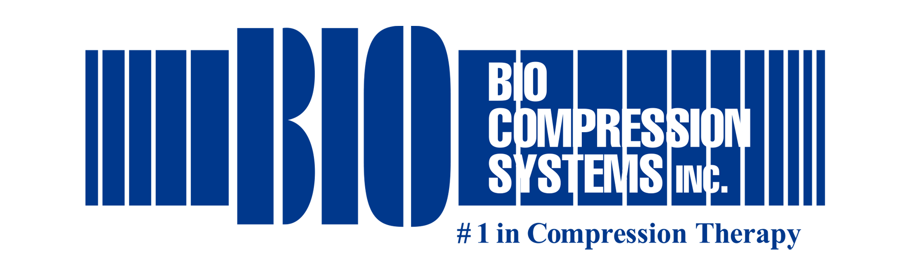 Logotipo azul y blanco de BIO Compression Systems, Inc. con el lema 