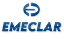 Logotipo de EMECLAR en azul con un emblema circular encima del nombre de la marca.
