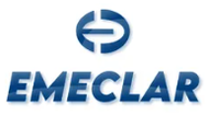 Logotipo de EMECLAR en azul con un emblema circular encima del nombre de la marca.