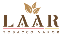 LAAR Tobacco Vapor logo with brown lettering, gold leaf graphic, and red underline on a light background