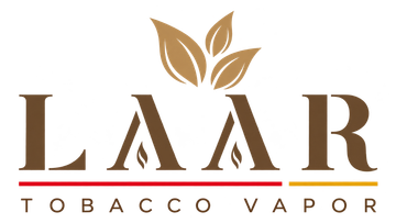 LAAR Tobacco Vapor logo with brown lettering, gold leaf graphic, and red underline on a light background