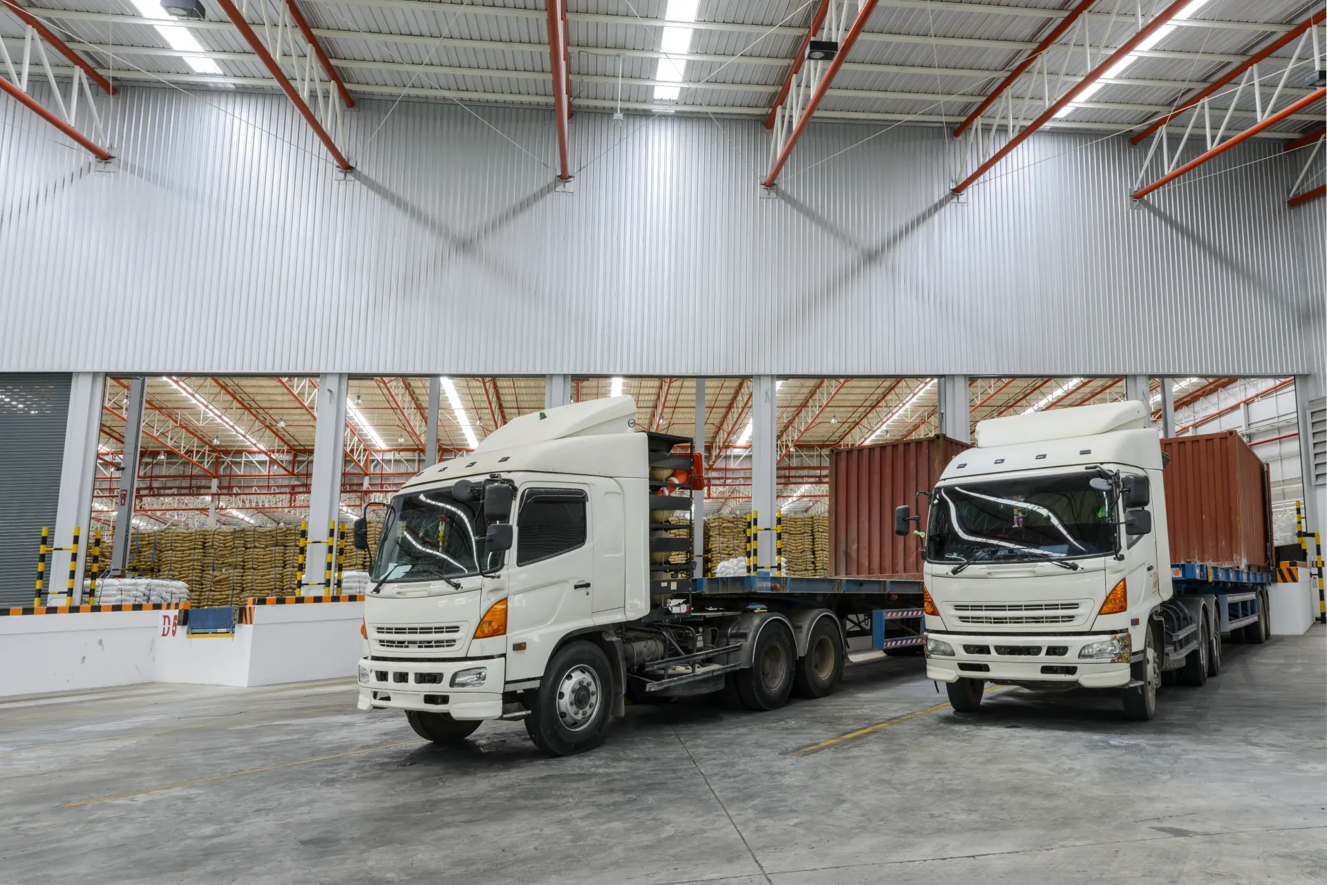 Two white semi trucks parked inside a warehouse with stacked goods and high ceiling beams — All Sunshine Coast Towing In Forest Glen, QLD