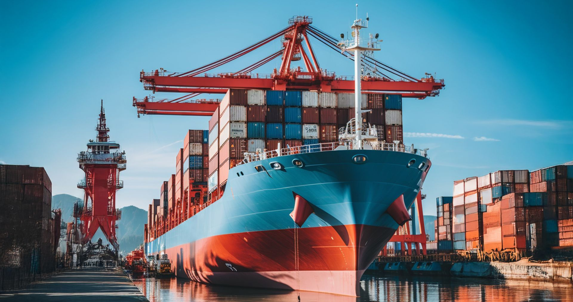 Ein großes Containerschiff wird unter strahlend blauem Himmel in einem geschäftigen Industriehafen von riesigen roten Kränen beladen.