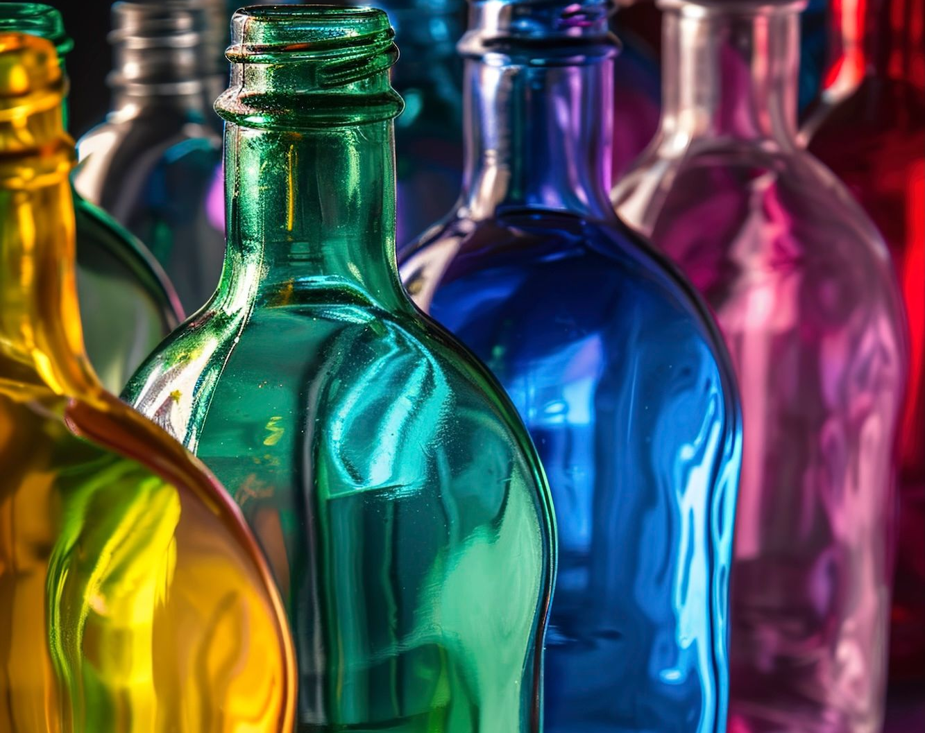 Eine Nahaufnahme von farbenfrohen Glasflaschen mit leuchtenden Gelb-, Grün-, Blau- und Violetttönen vor dunklem Hintergrund.