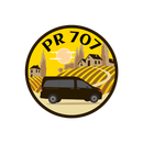 Black van on rolling hills, yellow sunset. "PR 707" logo in circular design.