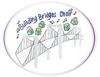 Logo: A drawing of a bridge with people singing, surrounded by musical notes, inside an oval with 