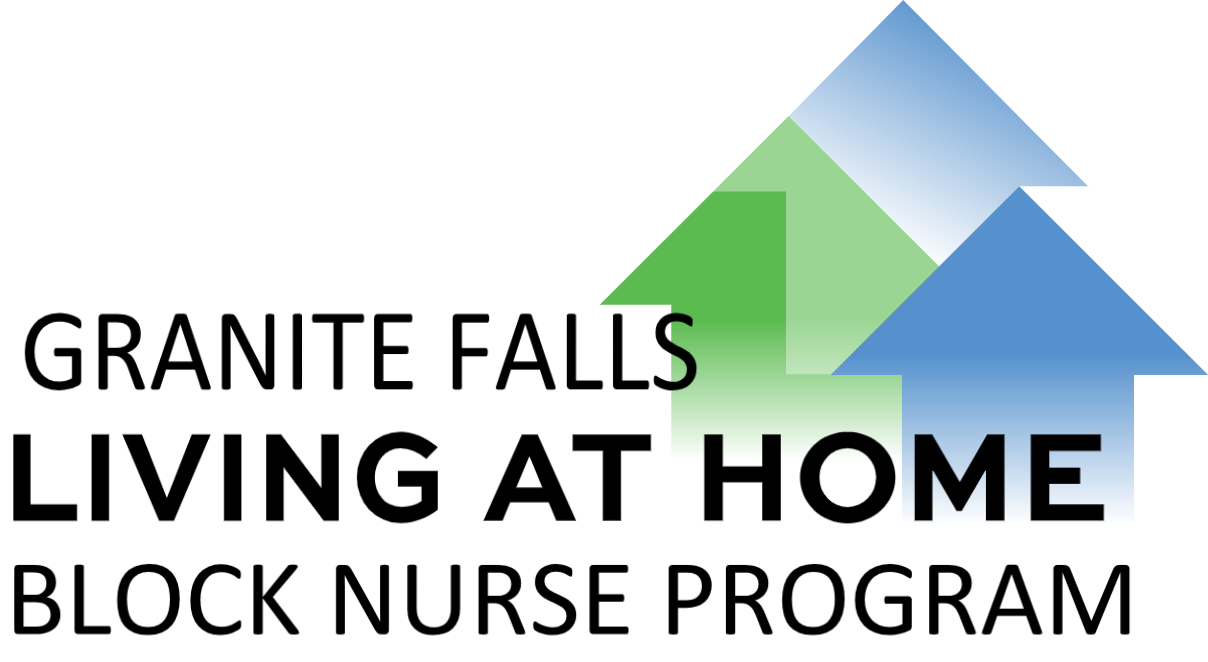 Logo for Granite Falls Living at Home Block Nurse Program with two overlapping house shapes in green and blue.